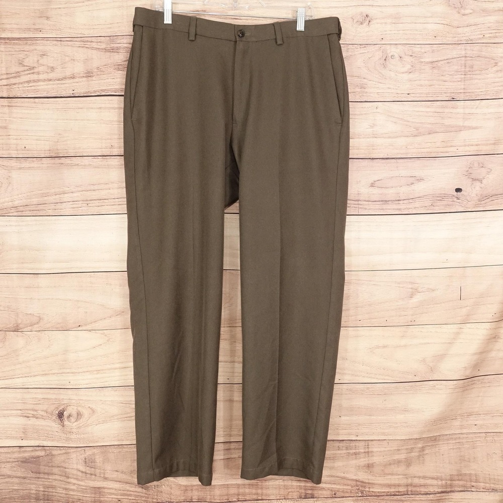 Haggar Dress Pants Mens 36x30 Brown Classic Fit Microfiber Flat Front Business